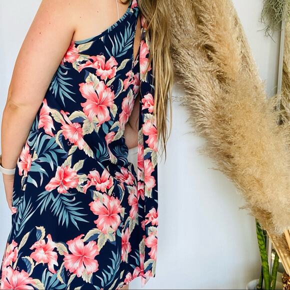 SHEIN Navy Blue Pink Floral Palm Tropical Print Tank Top Mini Halter Dress S - Picture 2 of 7